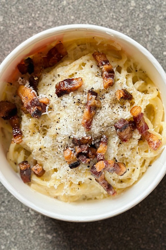 Spaghetti gricia with pecorino, cracked pepper and guanciale.