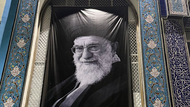 A giant banner of Khamenei stretched over one of the Islamic Cultural Centre’s windows. 