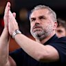 BILBAO, SPAIN - MAY 21: Ange Postecoglou, Manager of Tottenham Hotspur, reacts as he applauds the Tottenham Hotspur fans after his side’s victory in the UEFA Europa League Final 2025 between Tottenham Hotspur and Manchester United at Estadio de San Mames on May 21, 2025 in Bilbao, Spain. (Photo by Michael Steele/Getty Images)