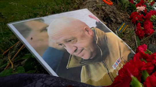 A portrait of Wagner boss Yevgeny Prigozhin at an informal memorial in St Petersburg.