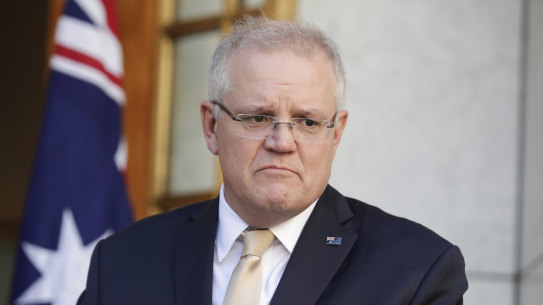 Prime Minister Scott Morrison during a press conference at Parliament House in Canberra on  Thursday 30 July 2020. fedpol Photo: Alex Ellinghausen