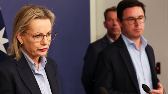 Leader of the Opposition Sussan Ley, Nationals Leader David Littleproud and Shadow minister for energy and emissions reduction Dan Tehan at a press conference, Sydney. Nov 16, 2025. Photograph by Edwina Pickles.