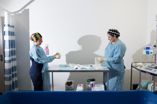 Nurses Tracey Hurley, left, and Kate Walsh in one of the treatment rooms on the ward.