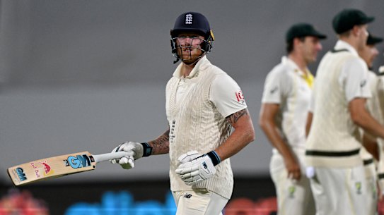 Ben Stokes departs after being dismissed by Mitch Starc on day three of the fifth Test.