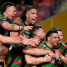 The Rabbitohs celebrate a try in their impressive victory over Manly to reach Sunday’s grand final.