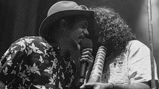 Yirrŋa Yunupiŋu and Yimila Gurruwiwi of King Stingray perform at the Enmore Theatre, Sydney, June 2023