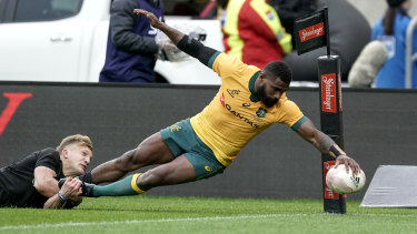 Marika Koroibete flies to the corner for a first-half try.