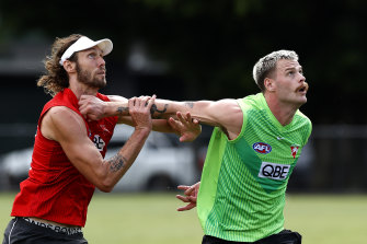 Tom Hickey, left, and Peter Ladhams at Swans training on Wednesday.