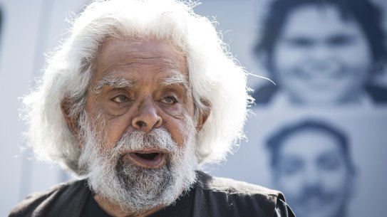 Uncle Jack Charles speaks to the media with the new mobile vaccination van outside Victorian Aboriginal Health Service in Fitzroy.
