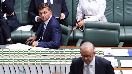 Opposition Leader Angus Taylor and Prime Minister Anthony Albanese ahead of Question Time at Parliament House in Canberra on Monday 2 March 2026. fedpol Photo: Alex Ellinghausen