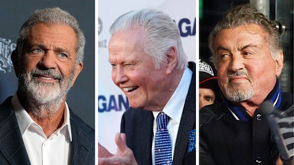 Mel Gibson (left), Jon Voight and Sylvester Stallone are cast as Trump’s Hollywood envoys.