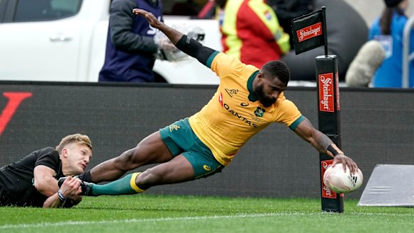 Marika Koroibete flies to the corner for a first-half try.