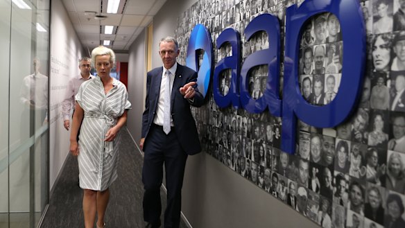 AAP group general counsel Emma Cowdroy with outgoing chairman Campbell Reid in March.