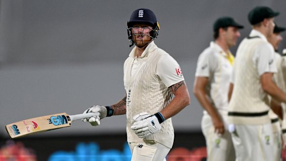 Ben Stokes departs after being dismissed by Mitch Starc on day three of the fifth Test.