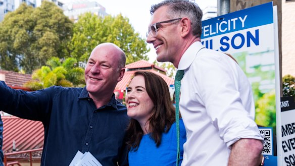North Shore MP Felicity Wilson with former federal MP Trent Zimmerman and former premier Dominic Perrottet ahead of the 2023 state election,