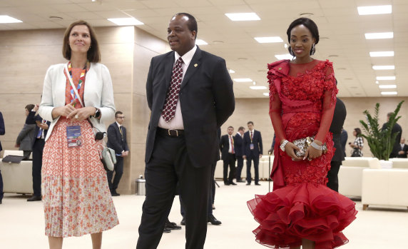 King Mswati III of eSwati, formerly Swaziland and his wife arrive at the Russia-Africa summit in the Black Sea resort of Sochi, Russia in 2019.