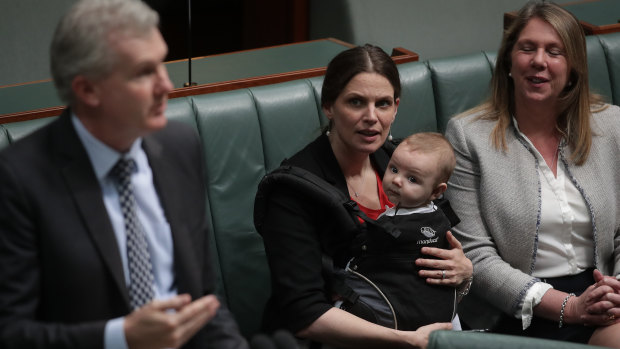 Labor MP Kate Ellis and her 4-month-old baby listen from the front bench as Tony Burke tables a document in 2017. 