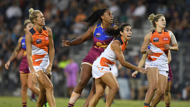 Opportunity lost: Sabrina Frederick-Traub kicks a goal as the Lions overrun the Giants last year.