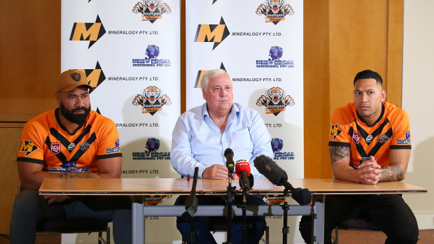 Tony Williams, Clive Palmer and Israel Folau speak at a press conference at the Hilton Hotel on July 9, 2021 in Brisbane, Australia. 