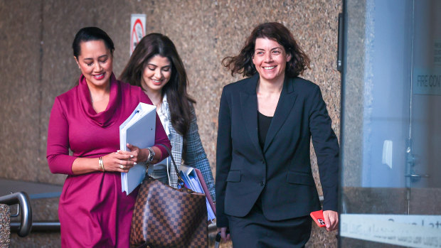 Sue Chrysanthou SC, far right, outside the Federal Court in Sydney last week.