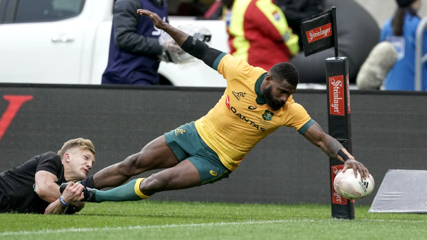 Marika Koroibete flies to the corner for a first-half try.