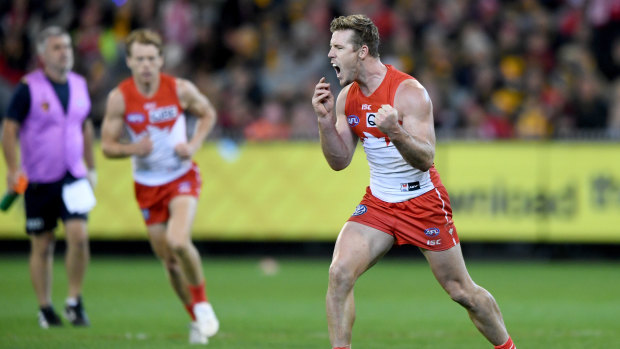 In hot water: Luke Parker of the Swans celebrates after kicking a goal on Friday night.