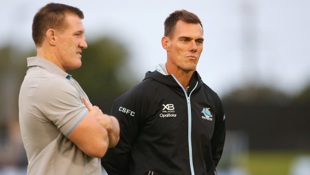 Sharks coach John Morris, right, has been stood down as the Sharks cut costs due to the coronavirus crisis.