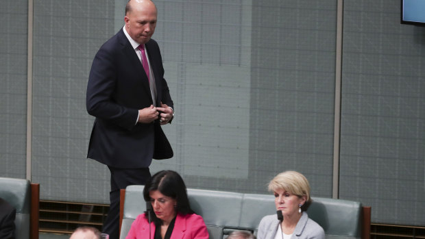 Home Affairs Minister Peter Dutton could be referred to the High Court by former Liberal MP Julia Banks, pictured sitting with Julie Bishop.