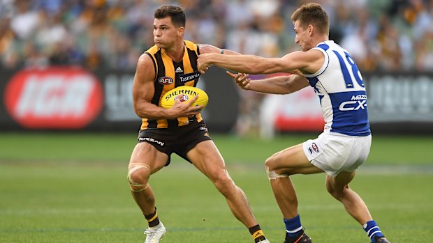 Strong arm tactics: Hawthorn's Jaeger O'Meara holds off Kangaroo Shaun Atley.