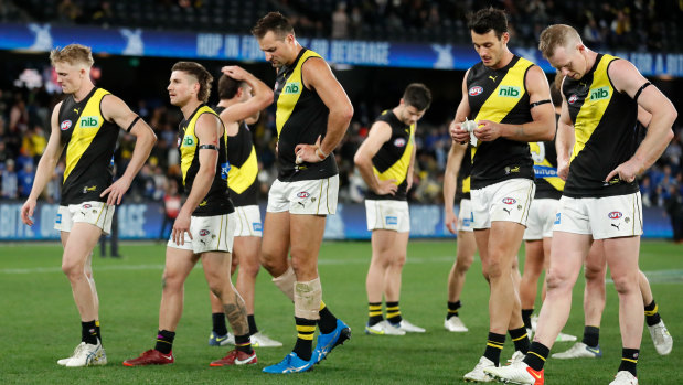 The Tigers after their shock loss to North Melbourne in round 18.