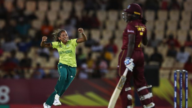 Shabnim Ismail celebrates the wicket of Stafanie Taylor at the ICC Women's World T20 in 2018.