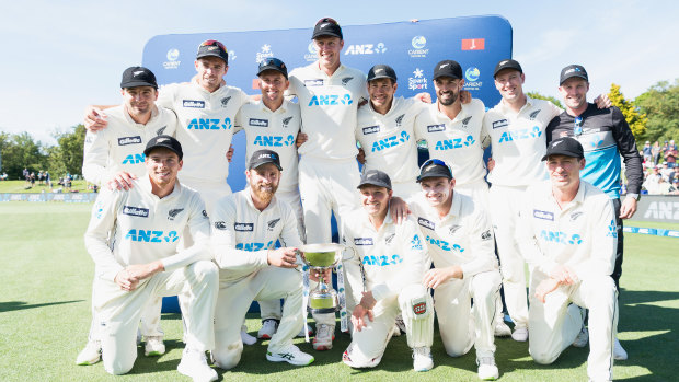 New Zealand pose with the series trophy after their eighth straight home series win.