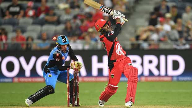 Striking out: Mohammad Nabi of the Renegades is bowled by Adelaide's Liam O'Connor.