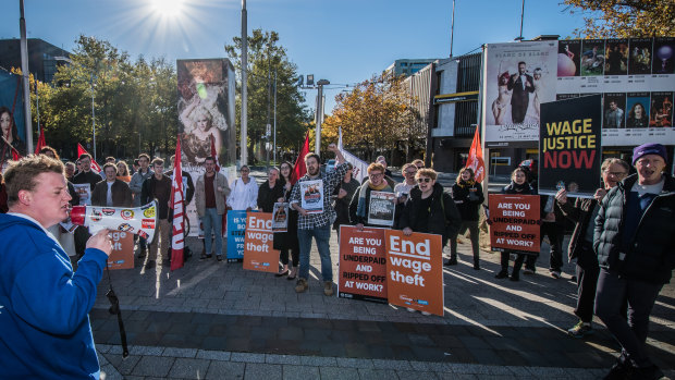 The CFMEU holding a fair wage protest outside the ACT Legislative Assembly last year. The union has been accused of pressuring workers to join. 