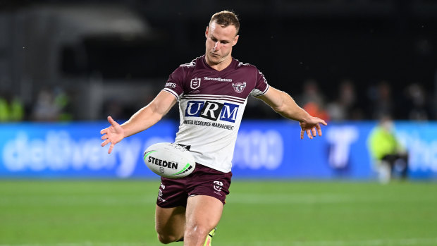 Daly Cherry-Evans kicks for the Sea Eagles.