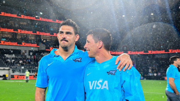 Pumas captain Pablo Matera (left), who was stood down for Saturday's match, after full-time. 