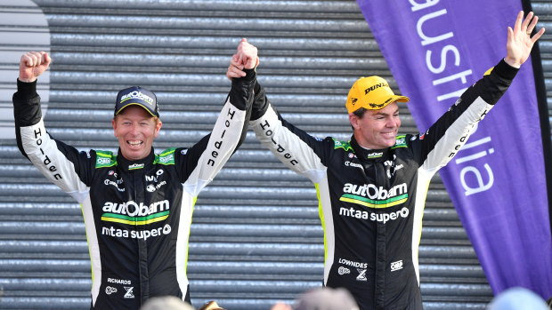 Not done yet: Craig Lowndes (right) and Steven Richards celebrate their Bathurst triumph.