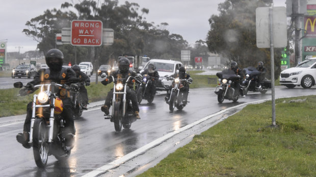 Bandidos bikies, pictured here leaving a service station on the Calder Freeway on Friday, are having their national run.