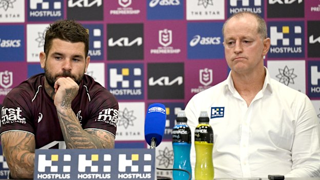 Broncos captain Adam Reynolds and coach Michael Maguire speak to the media after a loss to the Roosters in round six.