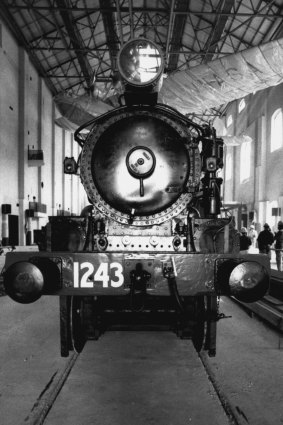 Locomotive No. 1243, built in Sydney in 1882, is rolled out at Ultimo's Powerhouse Museum in 1987. "The beautifully-restored locomotive had a 100-year working life, puffing throughout NSW with passengers, stock and mail — and even a role in the 1970 film, Ned Kelly, starring Mick Jagger.
