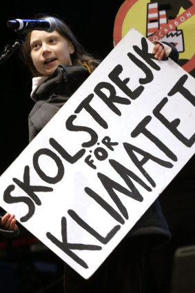 Thunberg addresses a demonstration in Madrid. Her placard translates as "Strike for  Climate". 