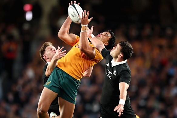 The Wallabies’ back three have had troubles in the air, with Joseph-Aukuso Suaalii largely playing in the centres.