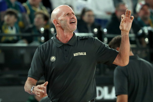 Brian Goorjian gives instructions during the match between the Australian Boomers and South Sudan at Rod Laver Arena.