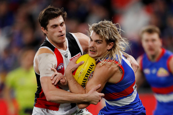 Bailey Smith tackled by Saints’ Jack Steele.