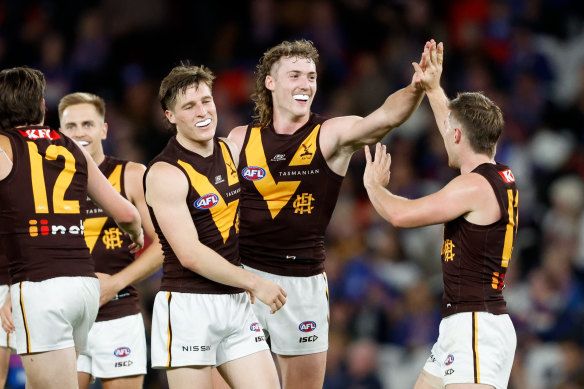 Hawks celebrate a goal.