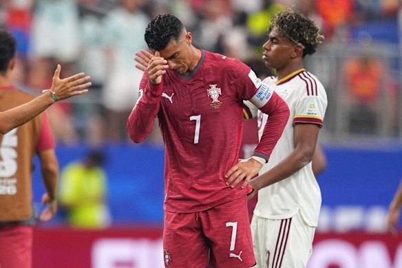 Cristiano Ronaldo reacts at full-time.