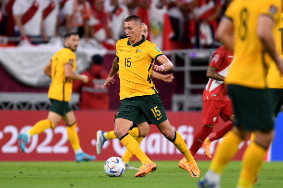 Mitch Duke had the first chance for the Socceroos against Peru in Doha.
