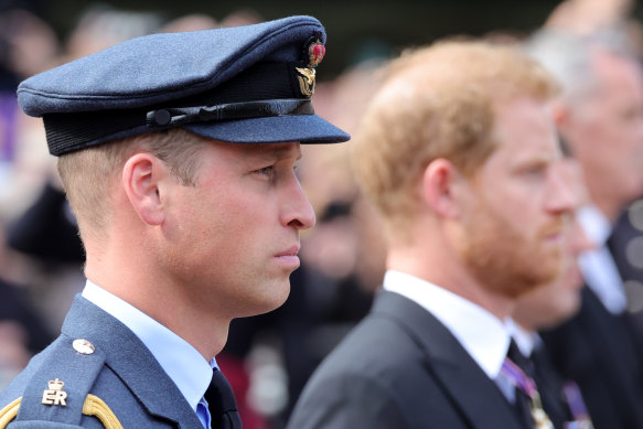 Prince William and Prince Harry walk behind the Queen’s coffin during a ceremonial procession in London this week. 