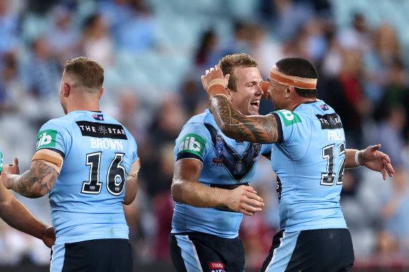 Jake Trbojevic (centre) was strong for the Blues at ANZ Stadium.