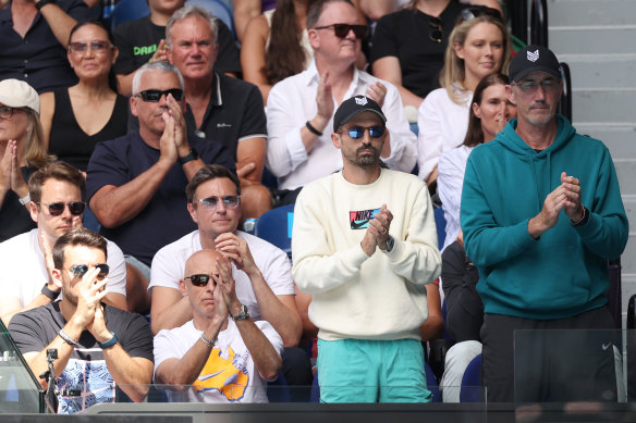 Jannik Sinner’s coaches Simone Vagnozzi (second from right) and Darren Cahill (far right).